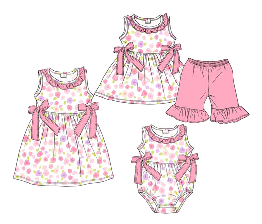 3.18 Custom moq 5 mix size Sibling Baby Girl's Pink Flowers Sleeveless Tunic Ruffle Shorts Set Cute Romper Dress for Summer