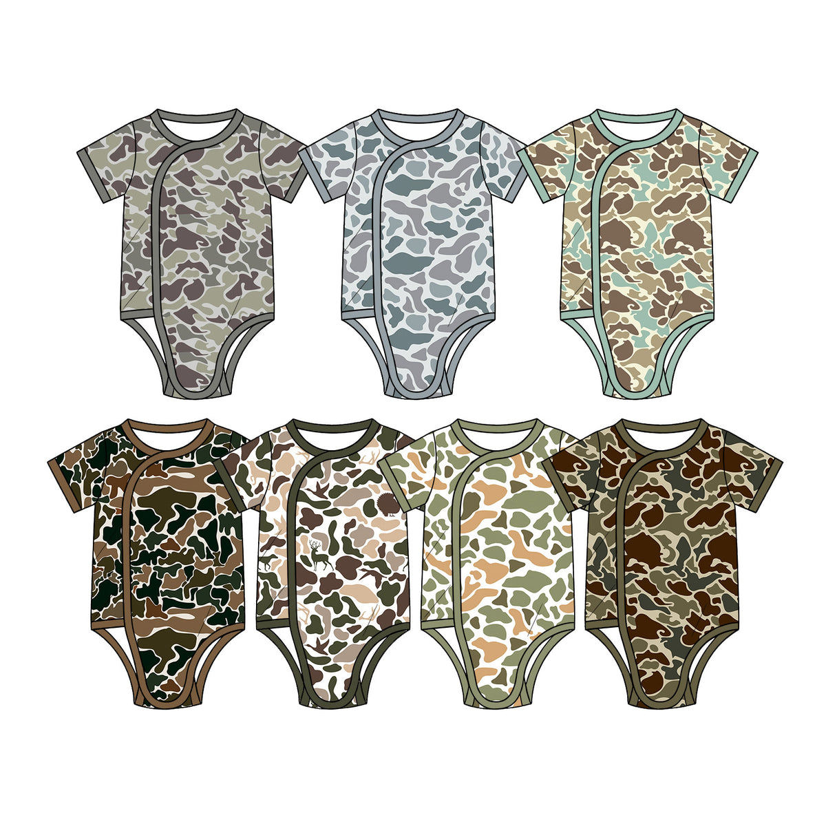 (Preorder new) No moq Baby Boys Short Sleeve Camo Side Snap Bodysuit Romper