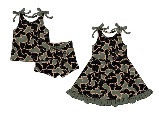 4.11 custom each style moq 5eta 4-6week Sibling Sister camouflage baby girl short sleeve shorts sets and dresses match design