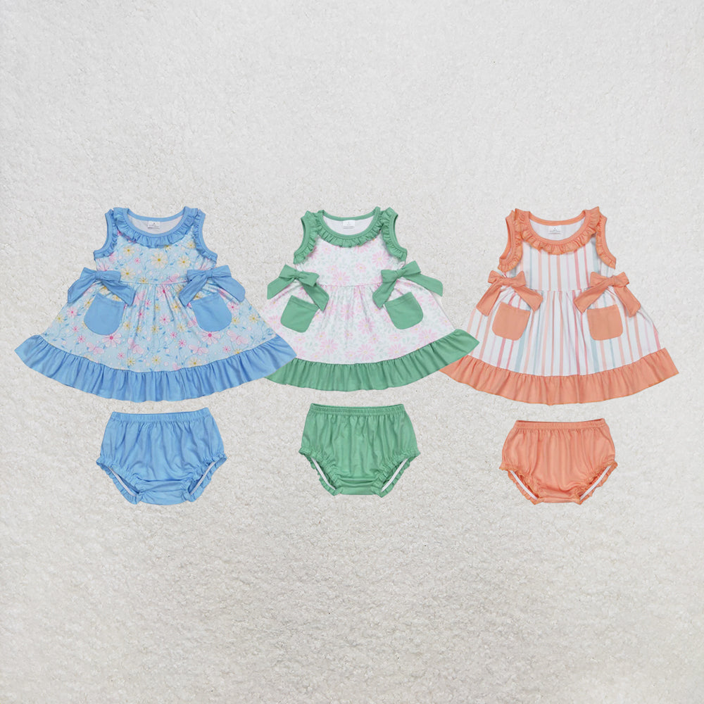 RTS NO MOQ Sibling Baby Girls Blue Pocket Pink Flowers Sleeveless Top Summer Bummies Clothes Sets