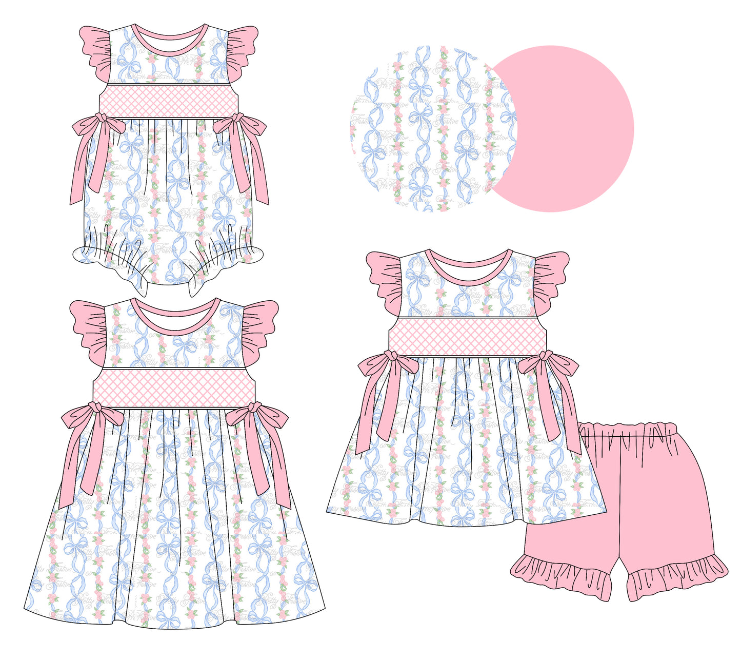 3.7 custom each style moq 5eta 4-6week Sibling Sisters bow floral baby girl short sleeve shorts sets and dress and rompers match family design