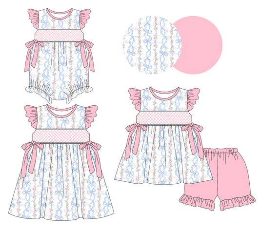 3.7 custom each style moq 5eta 4-6week Sibling Sisters bow floral baby girl short sleeve shorts sets and dress and rompers match family design