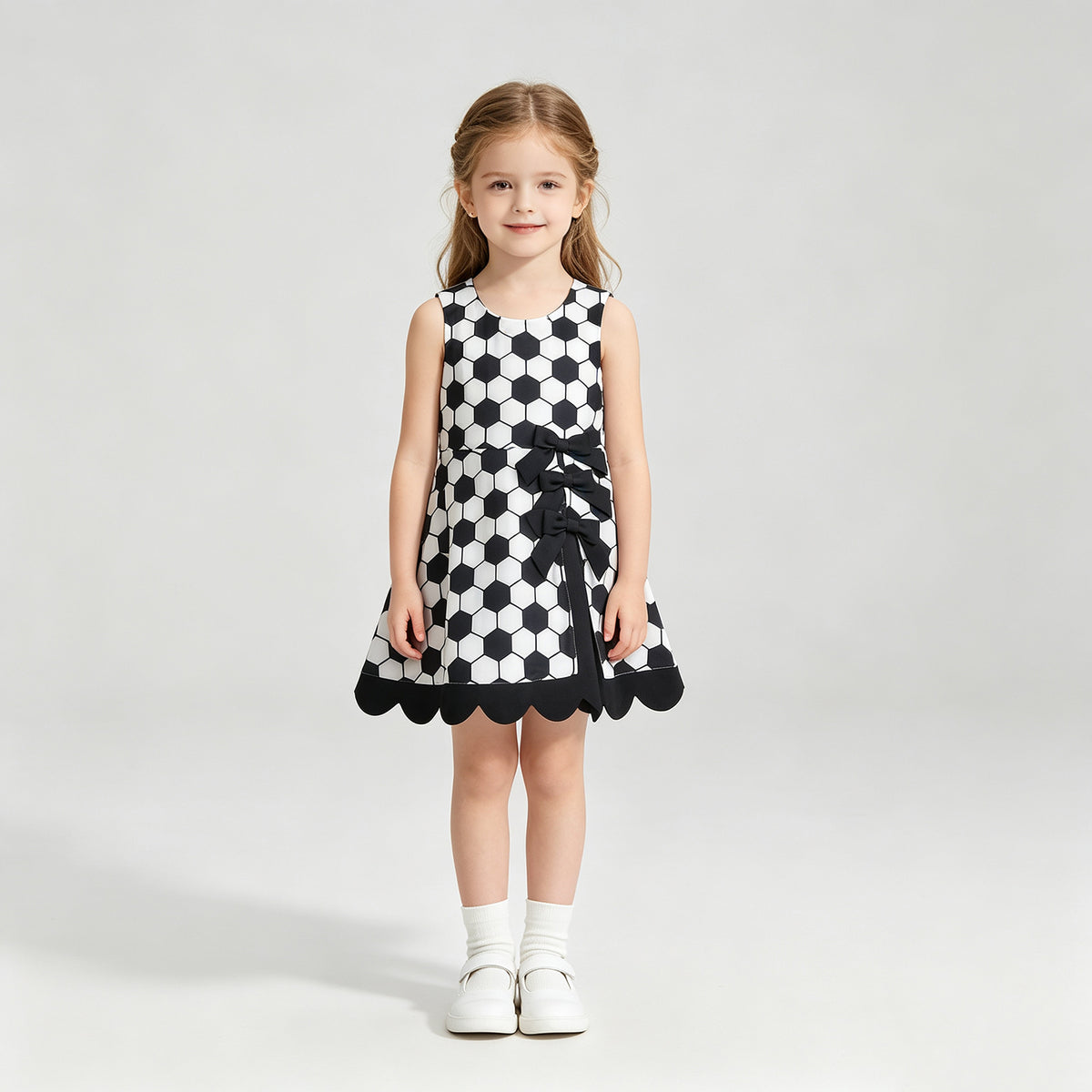 NEW RTS NO MOQ yoga fabric GSD4102 Yoga Baby Girls Cute Summer Football Team Checked Scallop Edge Knee Length Dress
