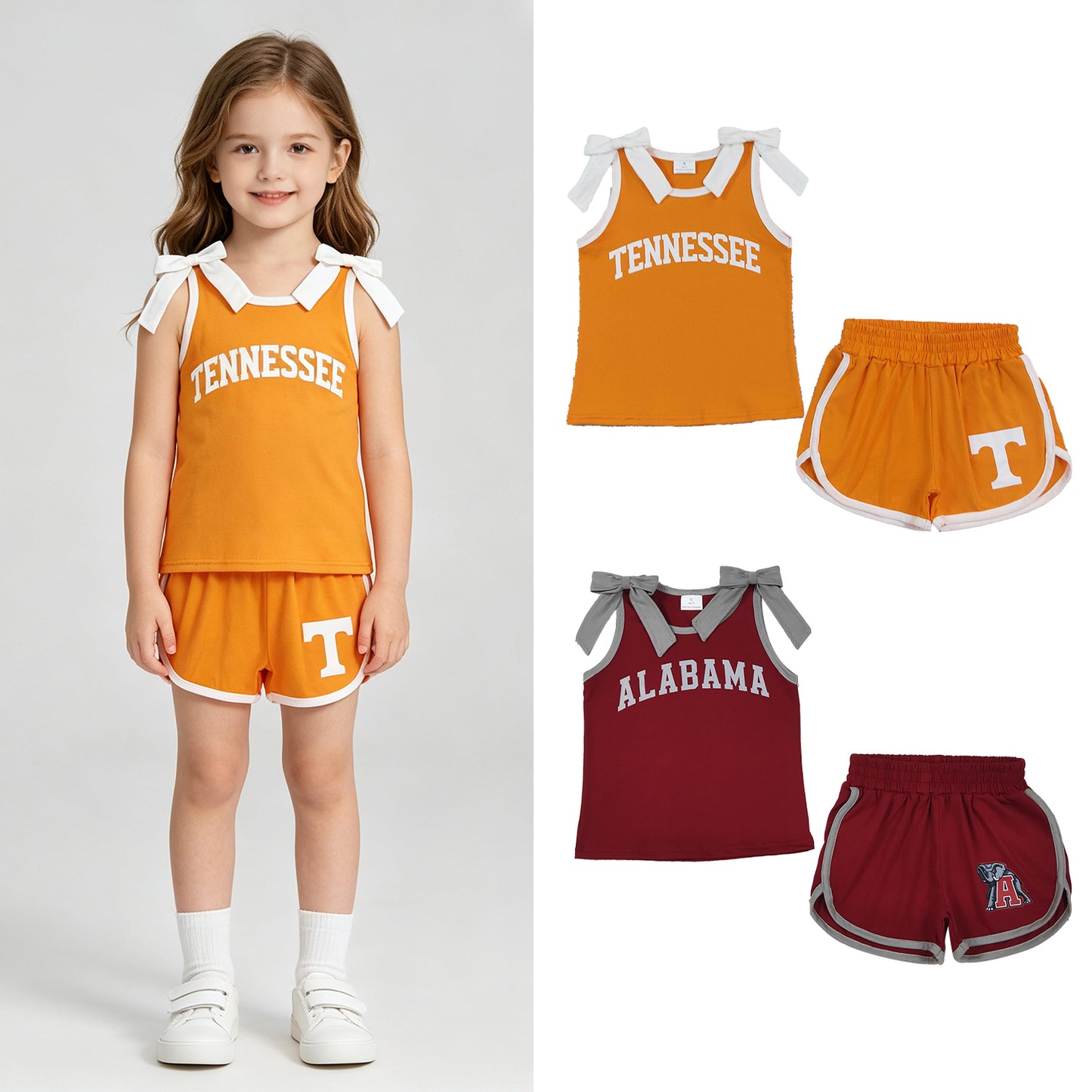 RTS NO MOQ Sibling Vinyl Baby Girl Bows Vinyl Alabama Top Short Team Clothes Sets