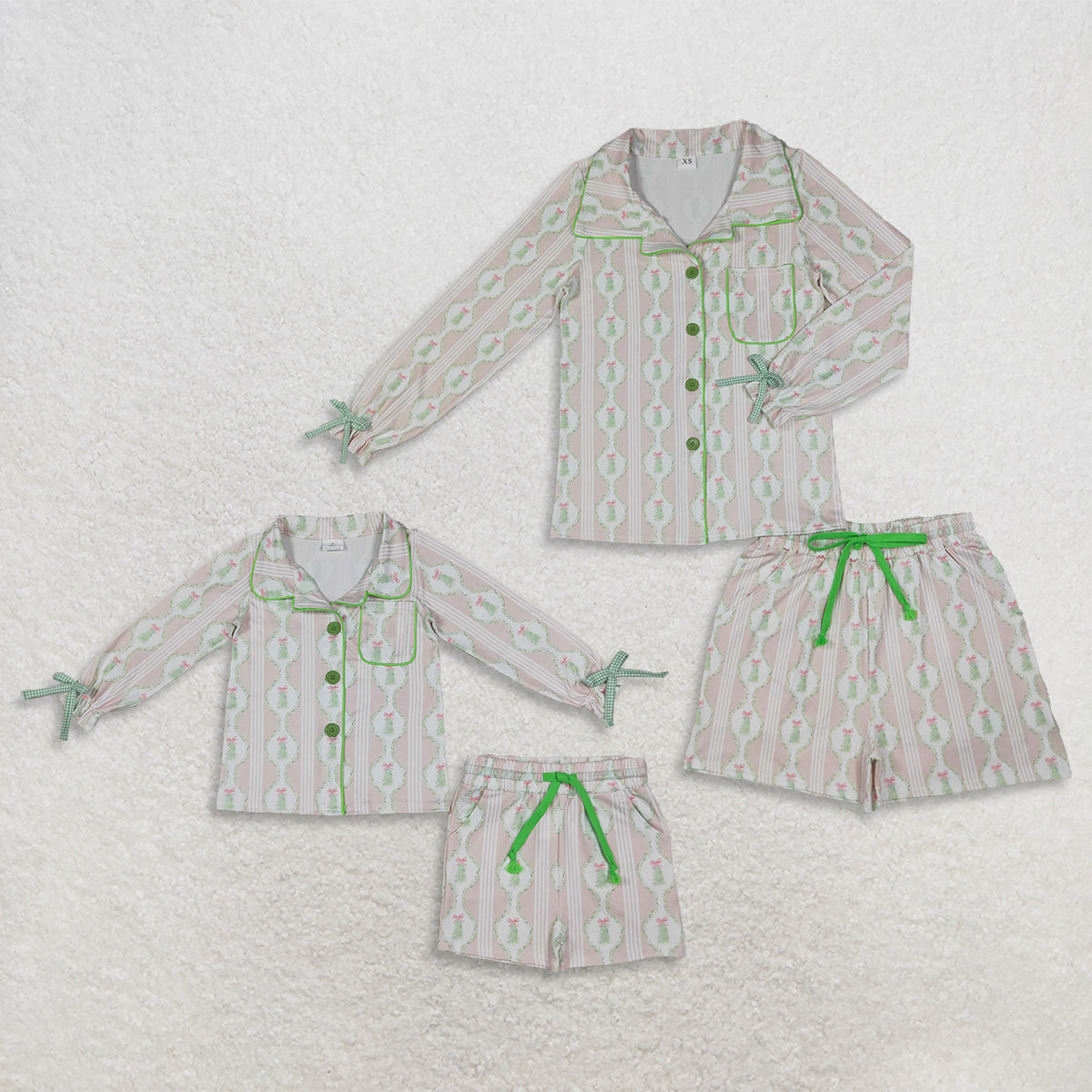 RTS NO MOQ Sibling milk silk Adult To Match Kids Bows Trees Print Long Sleeve Button Down Top And Shorts Matching Christmas Pajama Set