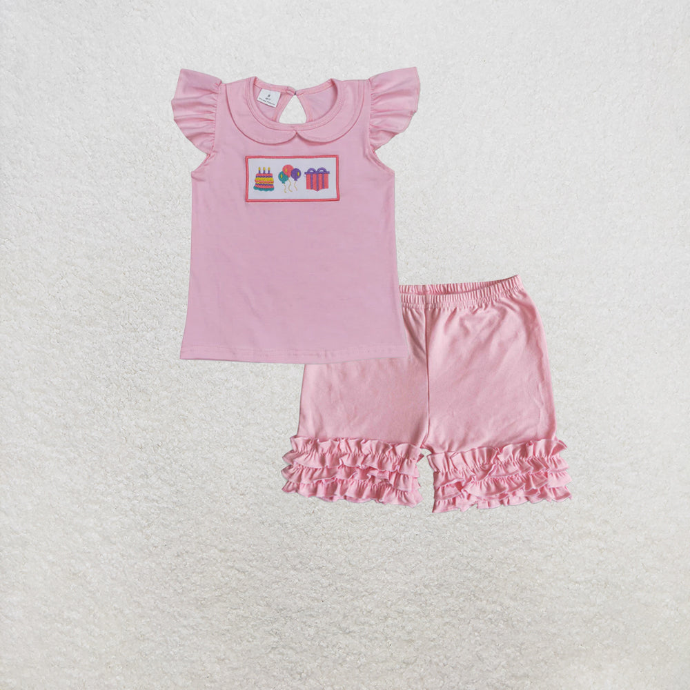 RTS NO MOQ GT0501+C13-15 Baby Girls Birthday Pink Flutter Sleeve Tee Shirts Tops Set