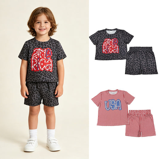 RTS NO MOQ Sibling Baby Girls 4th Of July Red Stripe USA Casual Pajamas Set