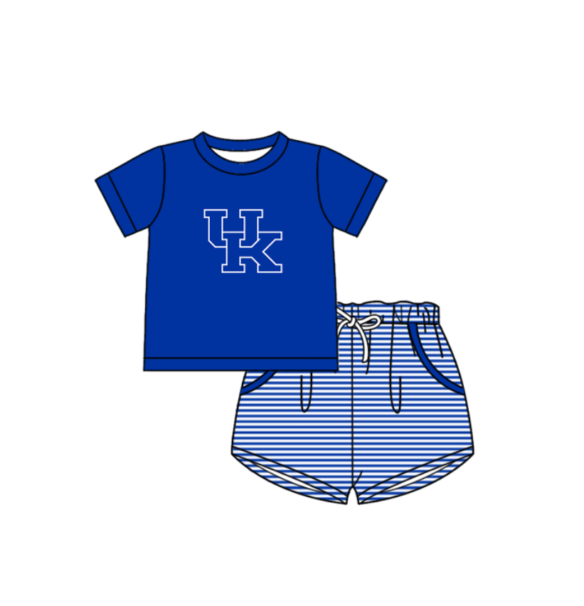 Custom moq 5 mix size milk silk summer teams Baby Boys And Girls Blue Short-Sleeved Shirt And Shorts Set Matching Striped Rompers Outfit Set