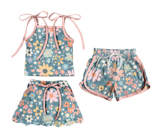 3.20 Custom moq 5 mix size Sibling Baby Girl's Flowers Strap Top And Skirt Set with Matching Drawstring Shorts Outfit