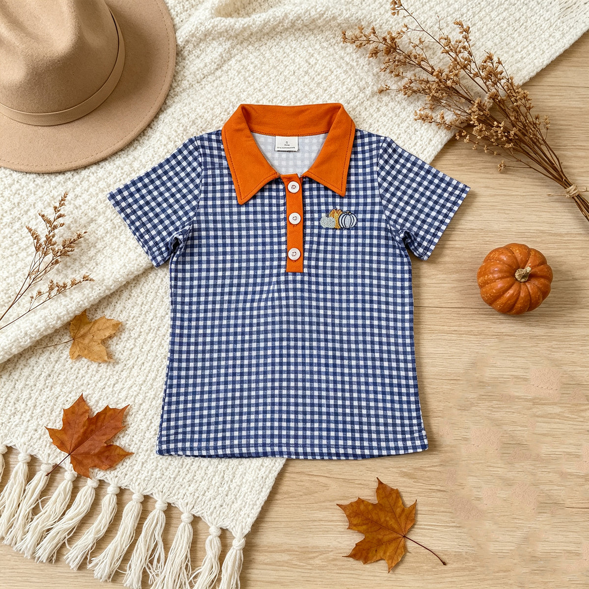 NEW RTS NO MOQ milk silk BT1892 Polos For Kids Boys Hot Blue Checked Pumpkins Fall Button Polo Shirts Top