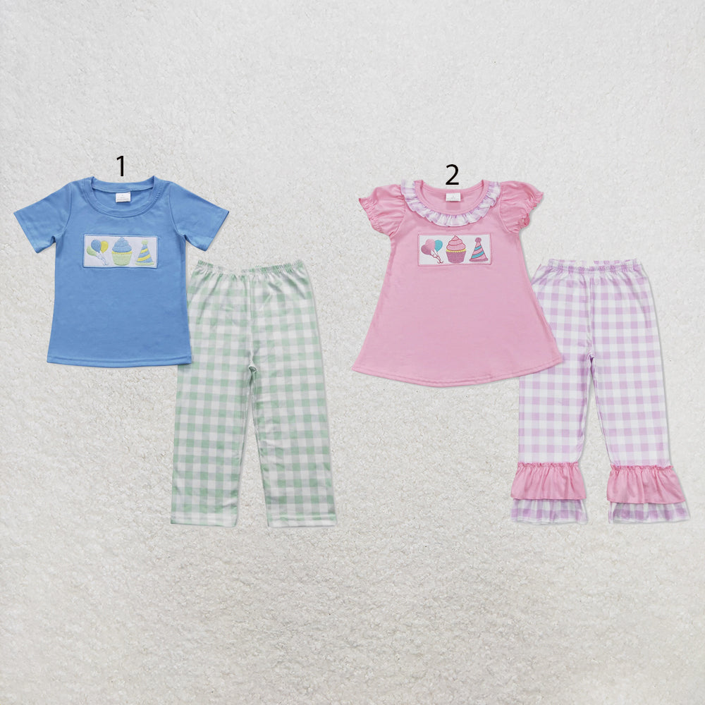 RTS NO MOQ Sibling milk silk Baby Girls Boys Embroidery Birthday Print Short Sleeve Tee Top Matching Pants Clothing Set