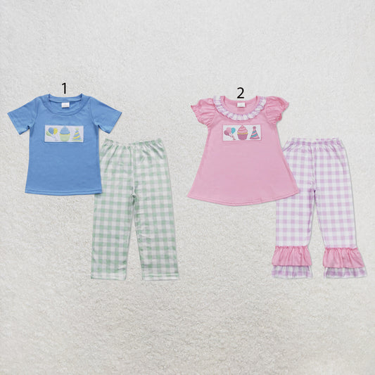 RTS NO MOQ Sibling milk silk Baby Girls Boys Embroidery Birthday Print Short Sleeve Tee Top Matching Pants Clothing Set