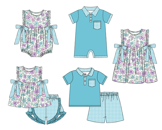 11.22 custom each style moq 5eta 4-6week Sibling Sister floral baby girl short sleeve shorts sets and sets 2 and girls romper and boy romper and dress match design