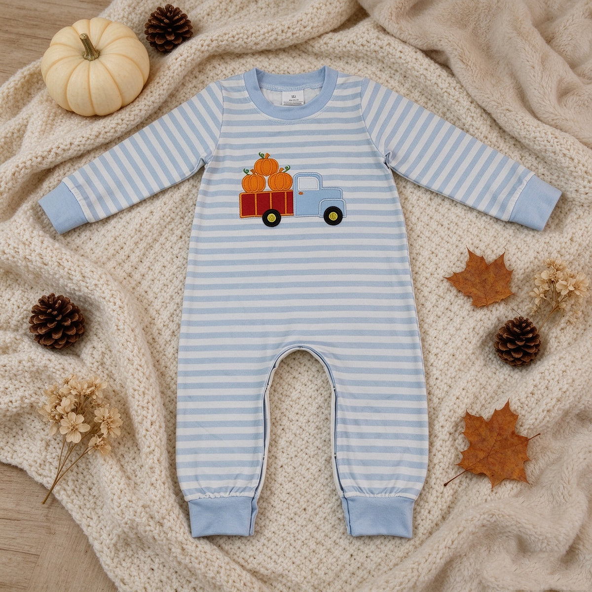 NEW RTS NO MOQ milk silk LR1023 Baby Boys Cute Pumpkin Truck Print Long Sleeve Rompers