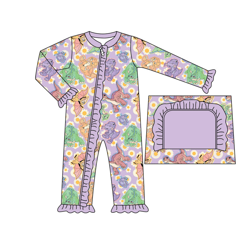 7.10 custom each style moq 5eta 4-6week Sibling Sister dinosaur purple baby girls sets and dress and rompers match family design
