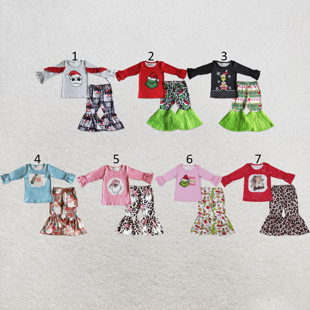 RTS NO MOQ Sibling milk silk Baby Girls Christmas Santa Long Sleeve Top Bell Pants Matching Holiday Clothes Set