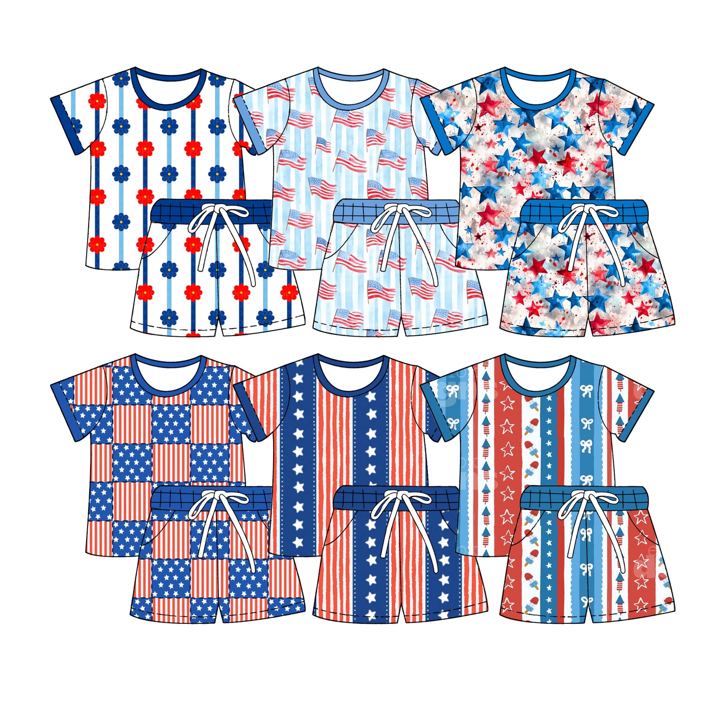 3.6 Custom moq 5 mix size Sibling Kids' Short-Sleeved Top And Drawstring Shorts Set Summer 4th of July Outfit