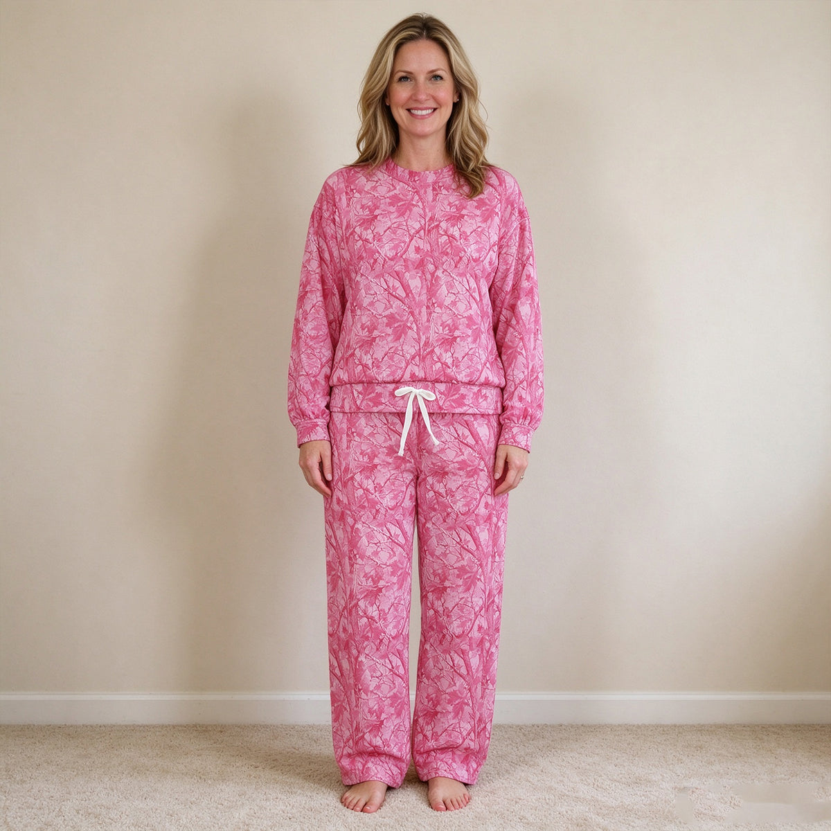 NEW RTS NO MOQ milk silk GLP3651 （GT1824+P1138）Adult Women Hot Pink Tree Camo Print Neck Long Sleeve Sweatshirt Pants Casual Set