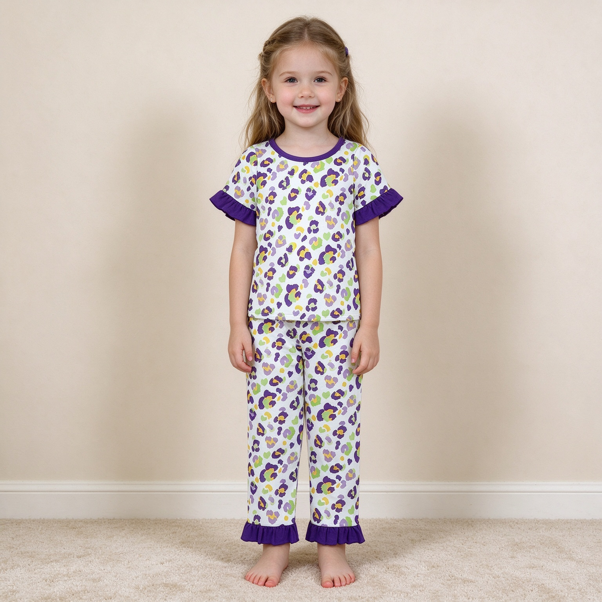 NEW RTS NO MOQ milk silk GSPO2388 Baby Girls Purple Leopard Print Short Sleeve Top Ruffle Hem Pant Pajamas Set