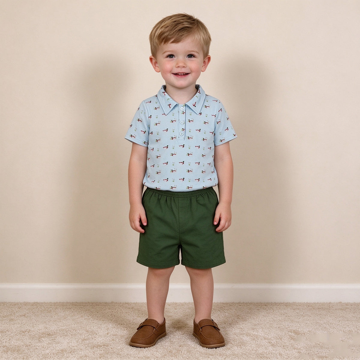 NEW RTS NO MOQ milk silk BSSO2041 Baby Boys Short Sleeve Duck Print Plaid Button Polo Top Shorts Set