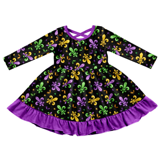 9.25 custom each style moq 5eta 4-6week baby girl clothes MARDI GRAS purple long sleeve dress