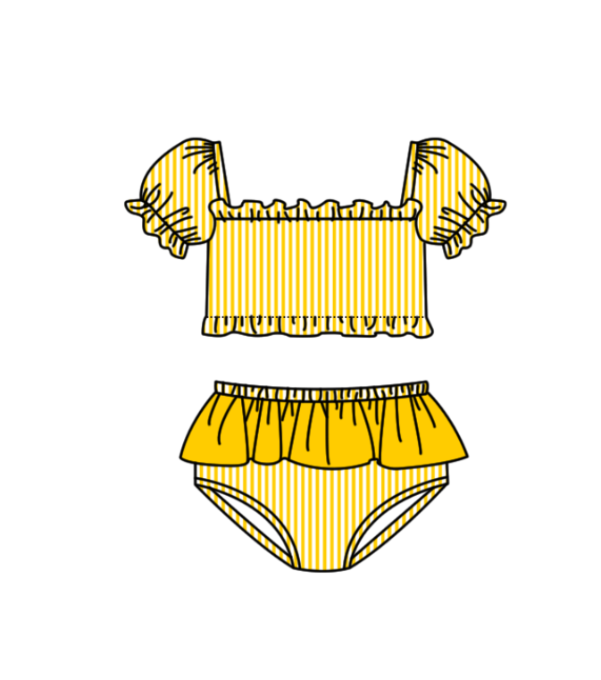 Custom moq 5 mix size milk silk summer teams baby girl boys clothes Yellow Two-Piece Swimsuit Set One Piece Swimsuits boy swim trunks