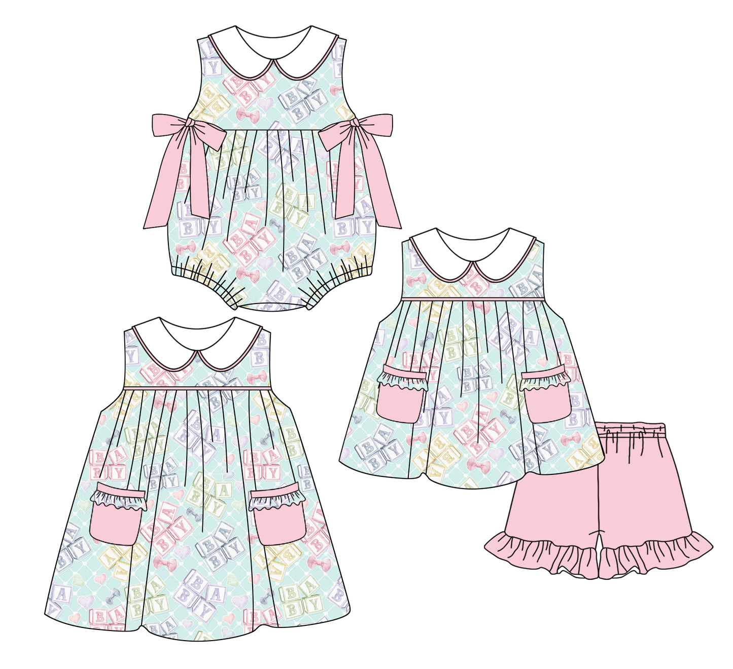2.28 custom each style moq 5eta 4-6week Sibling Sister BABY baby girl short sleeve shorts sets and dress and rompers match family design