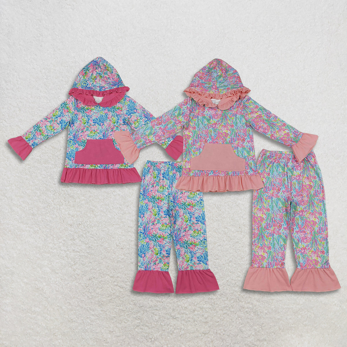 RTS NO MOQ Sibling milk silk Baby Girls Colorful Floral Print Ruffle Hoodie Flare Pant Outfit