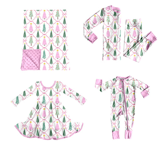 (Preorder new) No moq Baby Girls Christmas Tree Bow Print Long Sleeve Top And Pants Pajama Set Rompers Dress Blankets