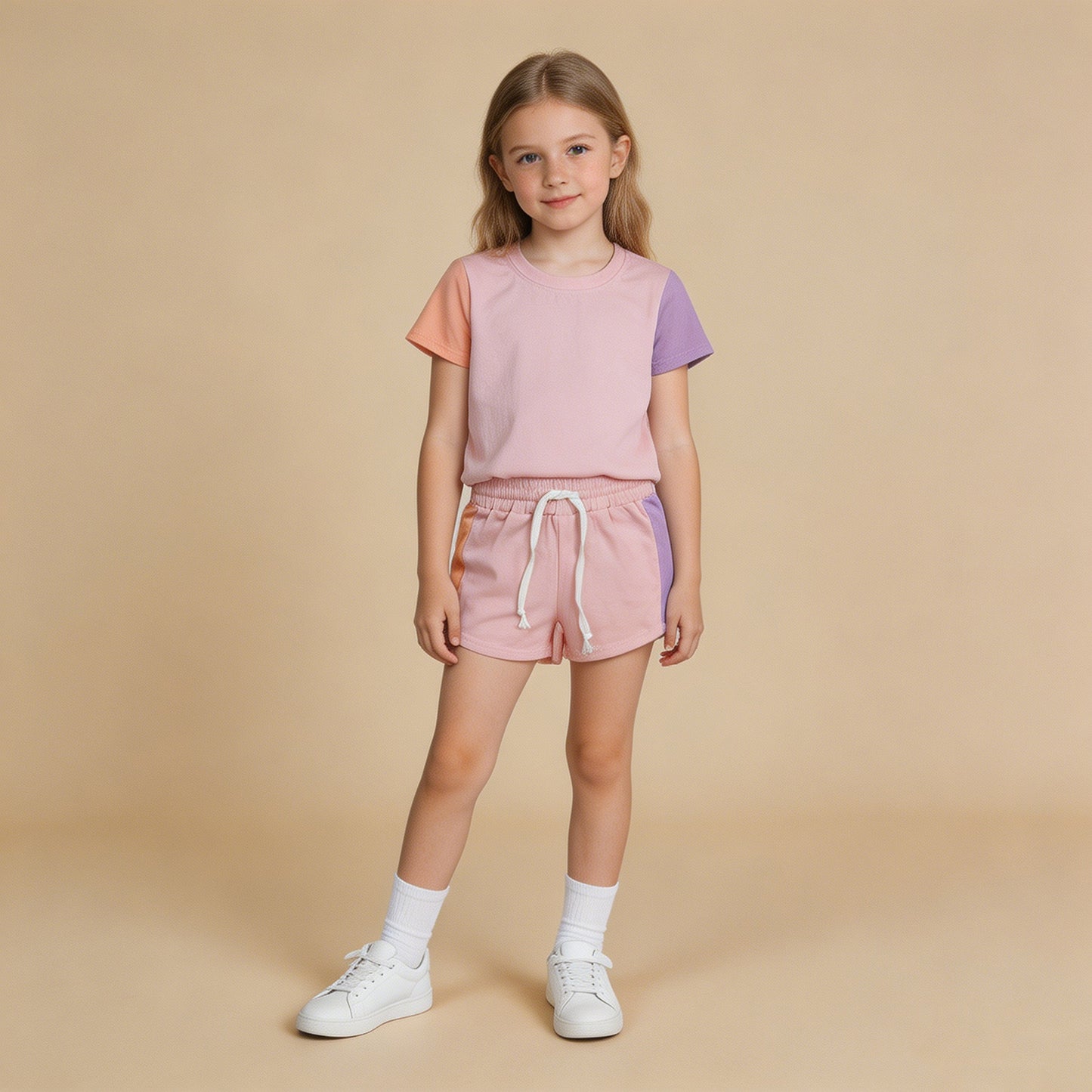 RTS NO MOQ milk silk GSSO3638 Baby Girls Pink Lavender Patchwork Tops Loose Slouchy Short Clothes Sets