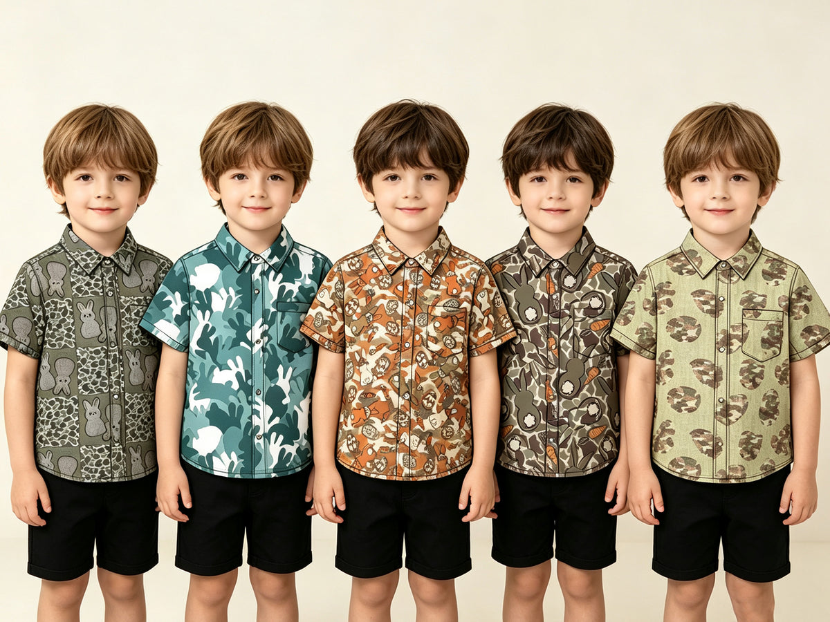(Preorder new) No moq Baby Girls Easter Camo Bunny Print Short Sleeve Button Down Collared Shirt