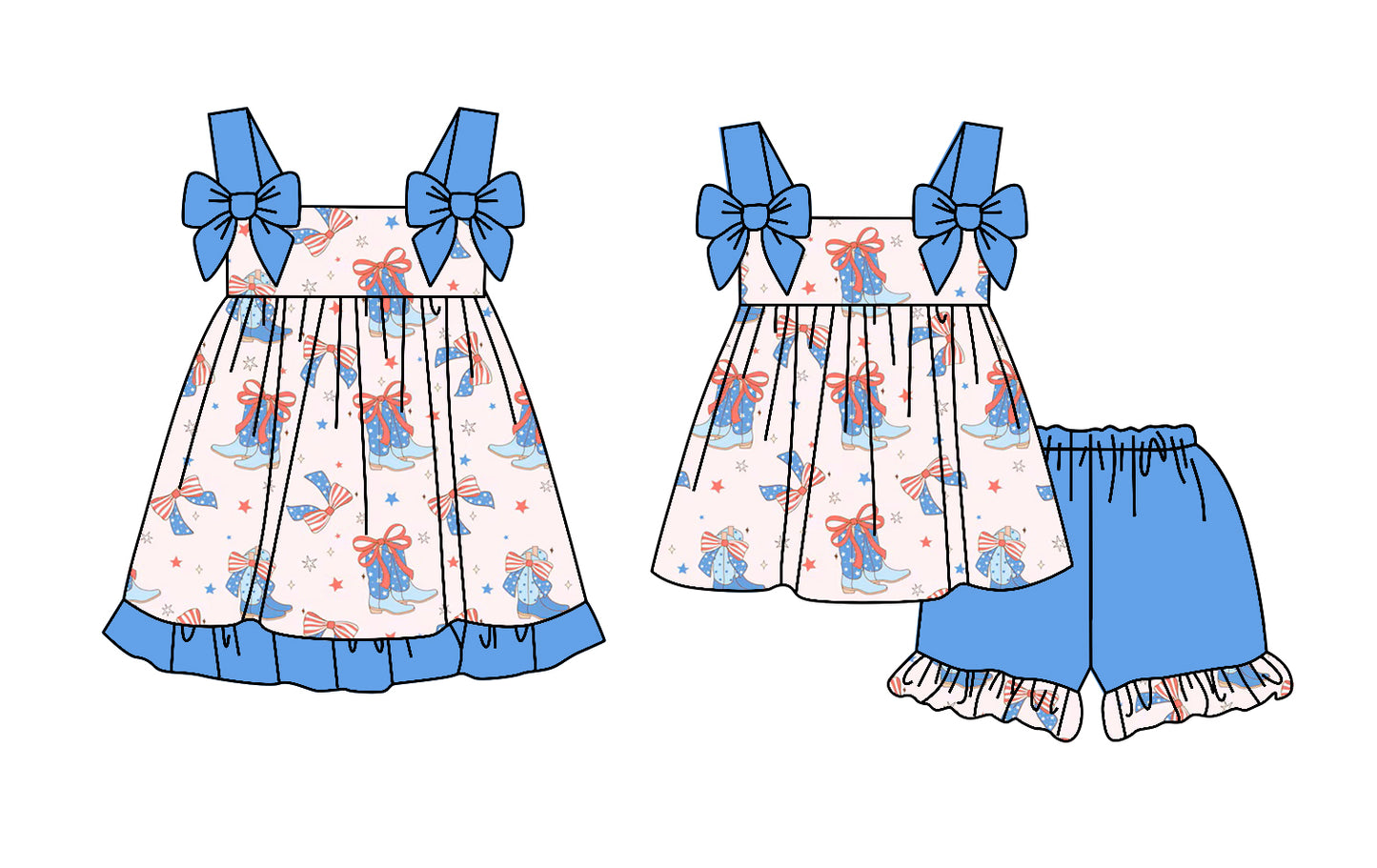 2.24 custom each style moq 5eta 4-6week Sibling Sister boot bow baby girl short sleeve shorts sets and dresses match design