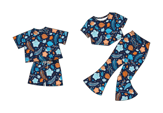 5.2 custom each style moq 5eta 4-6week Sibling Sisters leaf baby short sleeve shorts sets and pants sets match family design