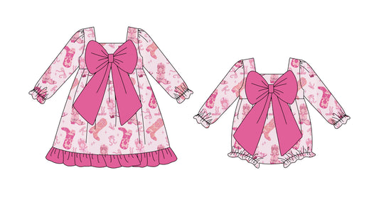 25.9.24 custom each style moq 8 eta 6-8week Sibling Sisters boot bow baby girl long sleeve dress and rompers match family design