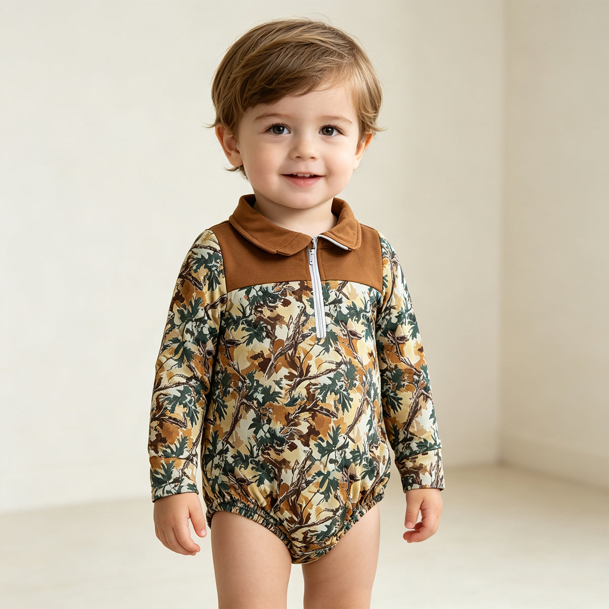NEW RTS NO MOQ milk silk LR3048 Baby Boys Camo  Print Long Sleeve Zipper Front Romper