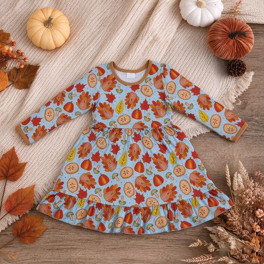 NEW RTS NO MOQ milk silk GLD1692 Baby Girls Pumpkins Turkey Thanksgivings Long Sleeve Ruffle Knee Length Dress