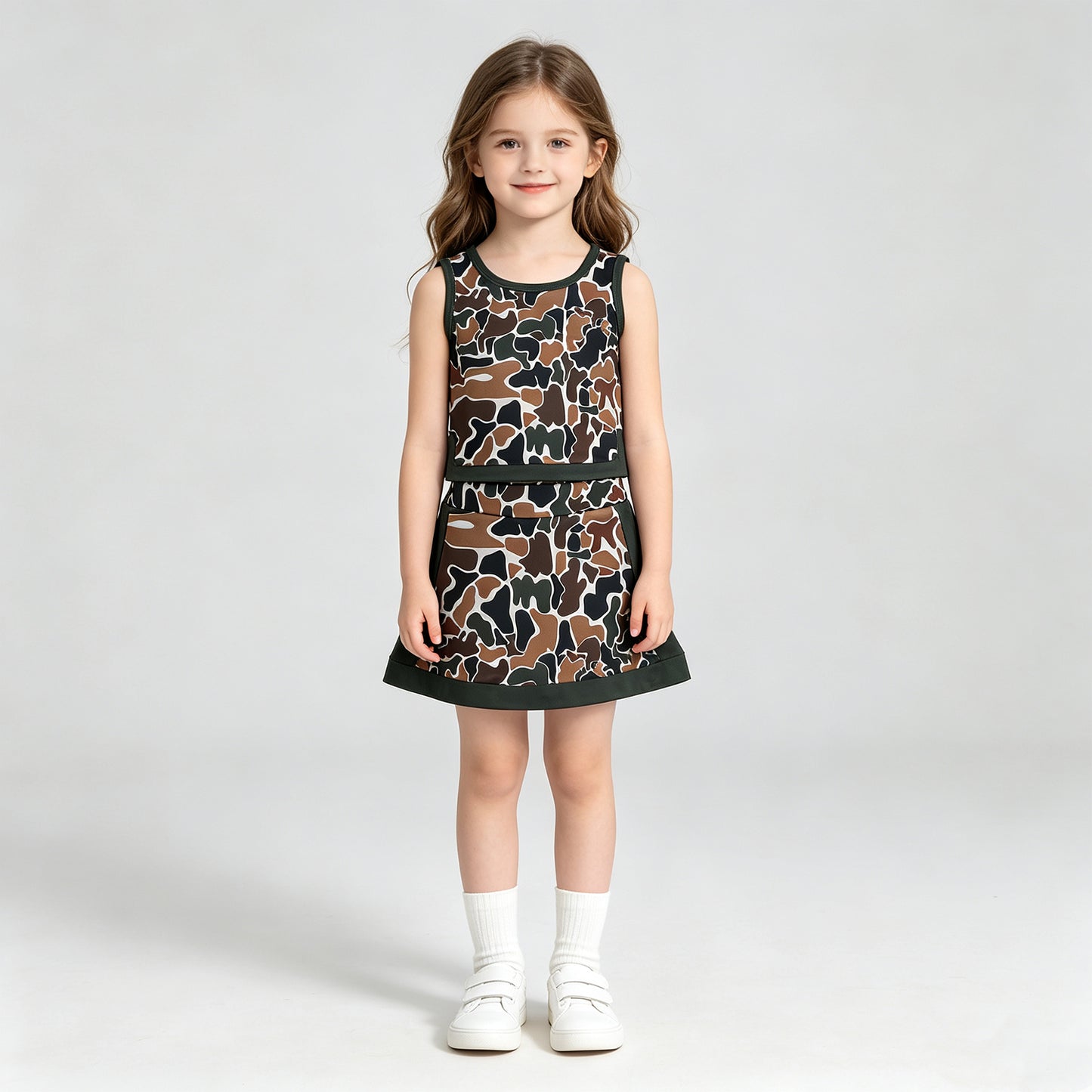 NEW RTS NO MOQ yoga fabric GSD4233 Baby Girls Dark Brown Camo Vest Cute Short Skort Yoga Sets