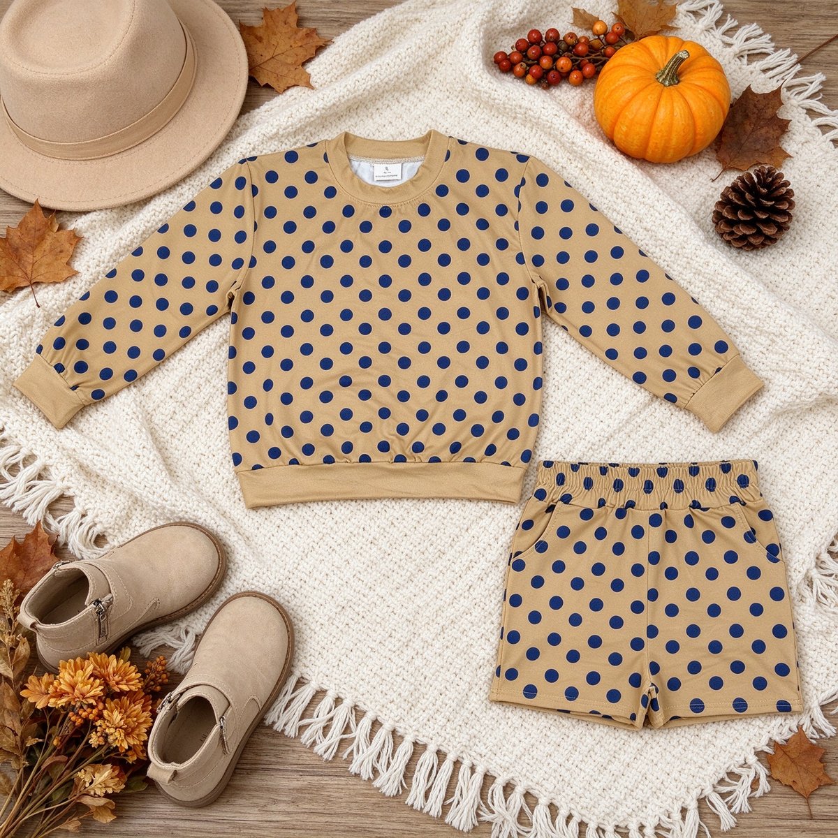 NEW RTS NO MOQ milk silk GLS0205 Baby Girls Long Sleeve Polka Dots Top Pockets Short Casual Outfit