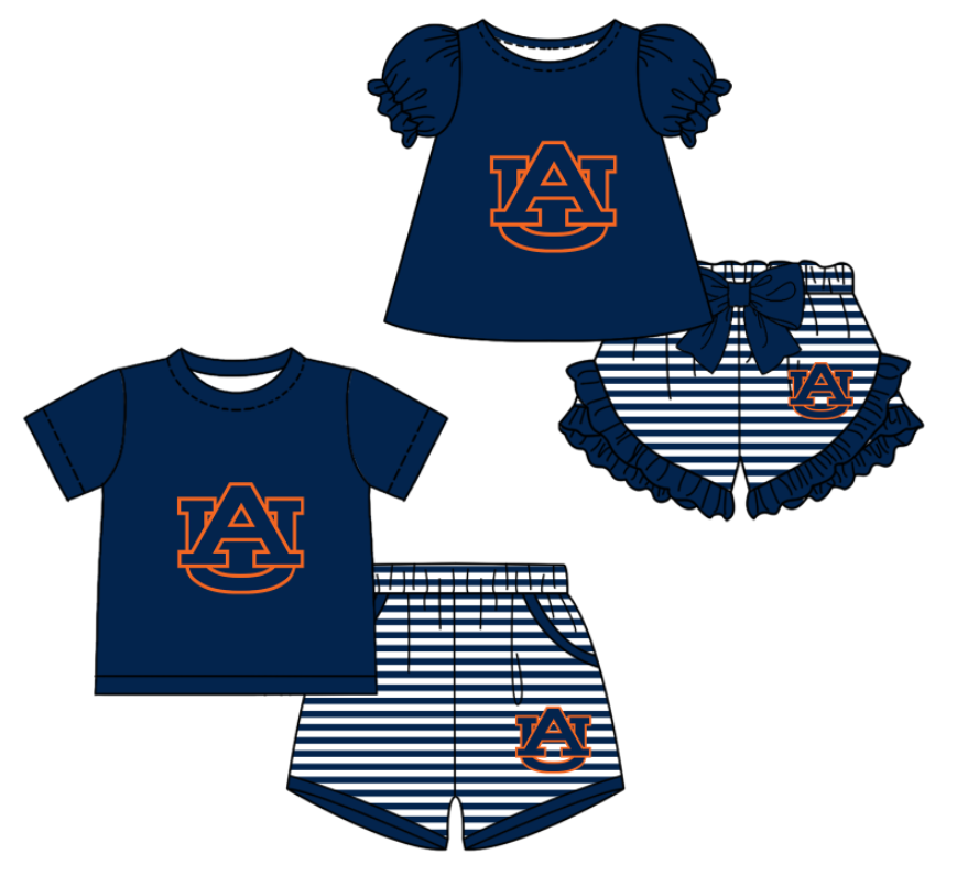 Custom moq 5 mix size milk silk summer teams Navy blue Baby Girl Boy Short-Sleeved Shorts Set Toddler Kids Clothing Set