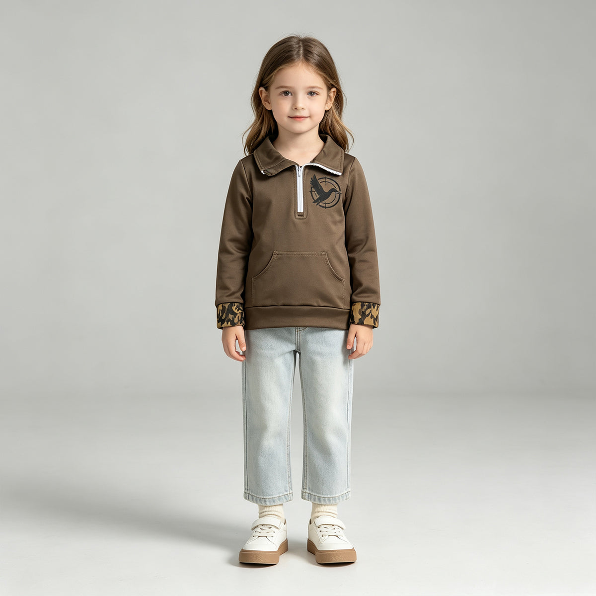 NEW RTS NO MOQ milk silk GT1698 Baby Girls Hunting Olive Green Duck Print Long Sleeve Zip Pocket Pullover Top