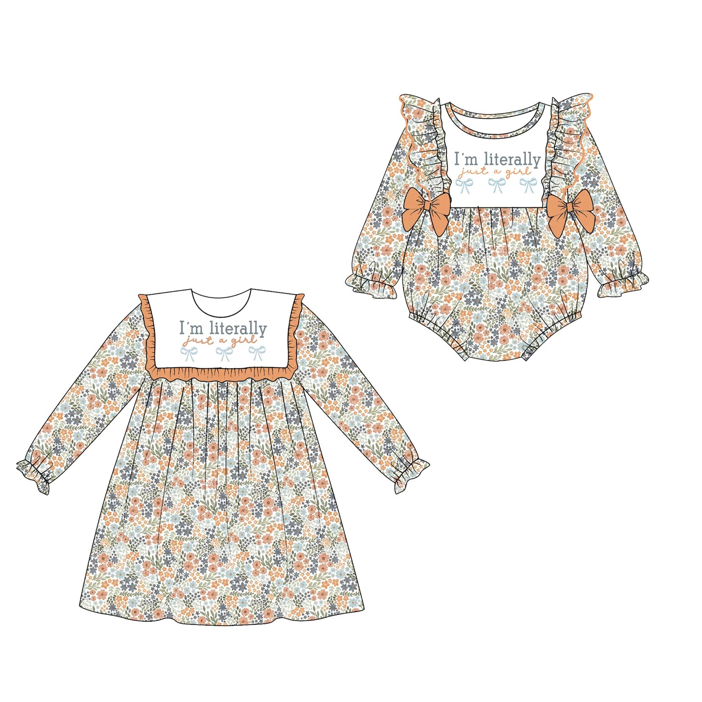 (Preorder new) No moq Baby Girls Fall Floral Print Long Sleeve Dress Letter Bow Ruffle Collar Dress Rompers