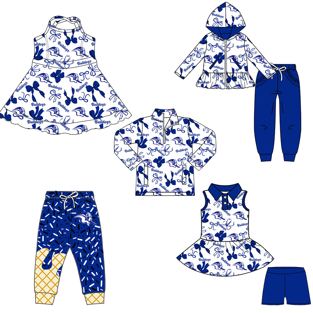 Custom moq 5 mix size milk silk summer teams baby girls clothes bow blue hooded long sleeve pants sets and shorts sets and dress and top and pant-25.8.11