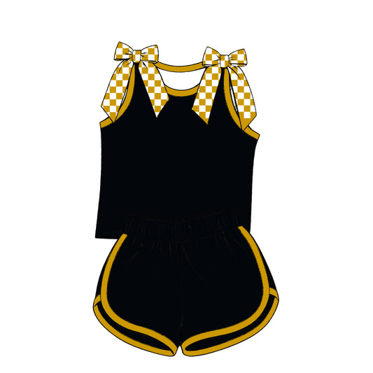 custom moq 5 mix size Baby Girls Checked Bow Sleeveless Black Top Shorts Summer Casual Outfit Set