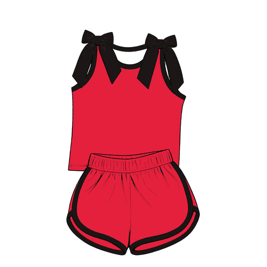 custom moq 5 mix size Baby Girls Black Bow Sleeveless Red Top Shorts Summer Cute Clothing Set
