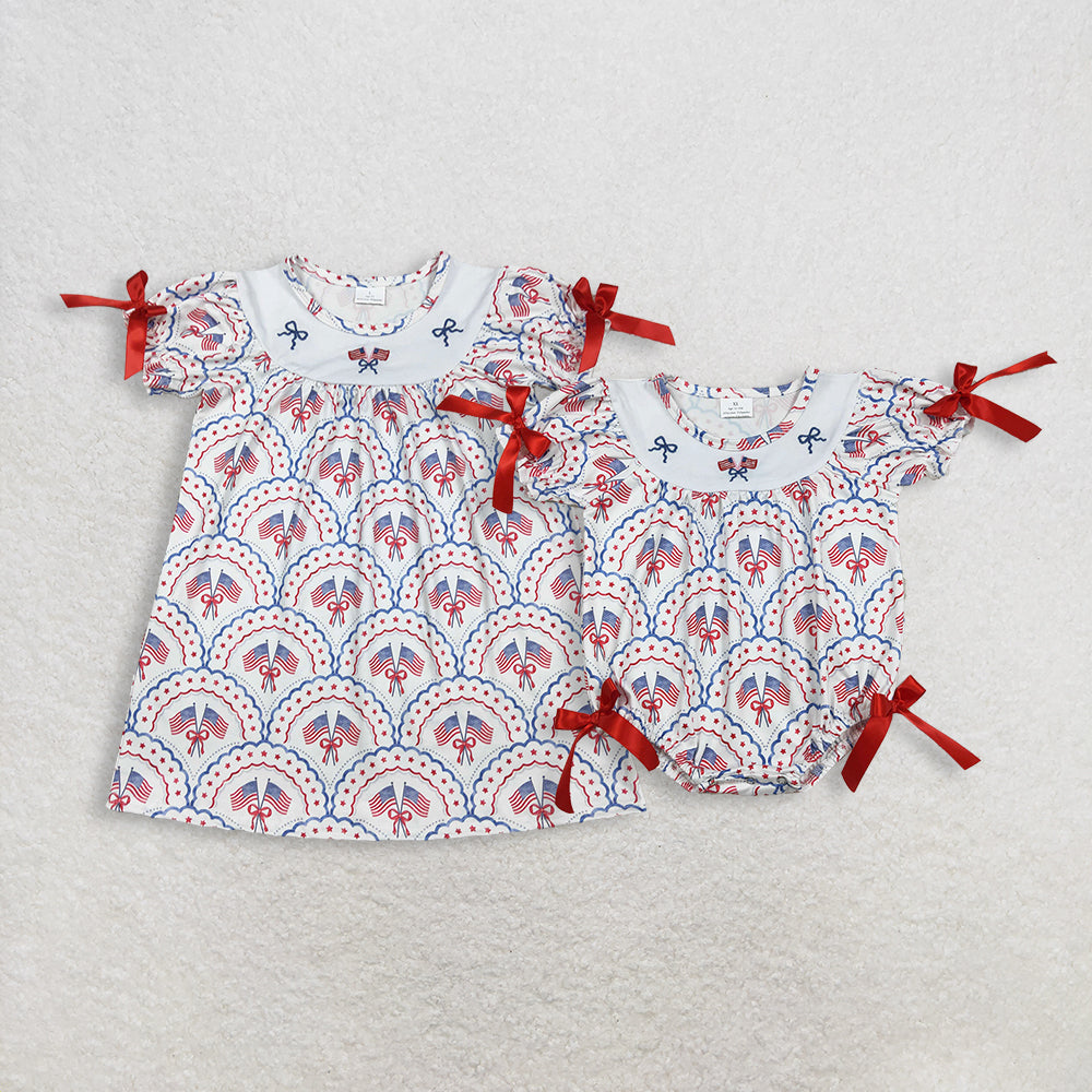 RTS NO MOQ Sibling Baby Girls' Checked Knee-Length Dress Rompers with Embroidery Bow for 4th of July Red White And Blue Outfit