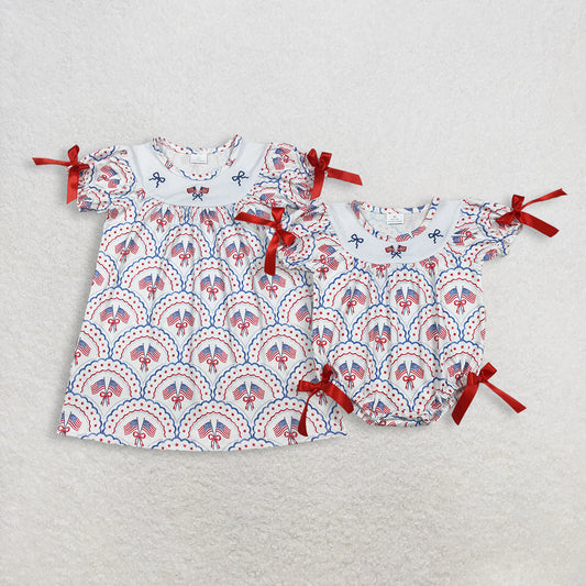 RTS NO MOQ Sibling Baby Girls' Checked Knee-Length Dress Rompers with Embroidery Bow for 4th of July Red White And Blue Outfit