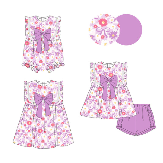 3.29 custom each style moq 5eta 4-6week Sibling Sisters floral bow baby girl short sleeve shorts sets and dress and rompers match family design