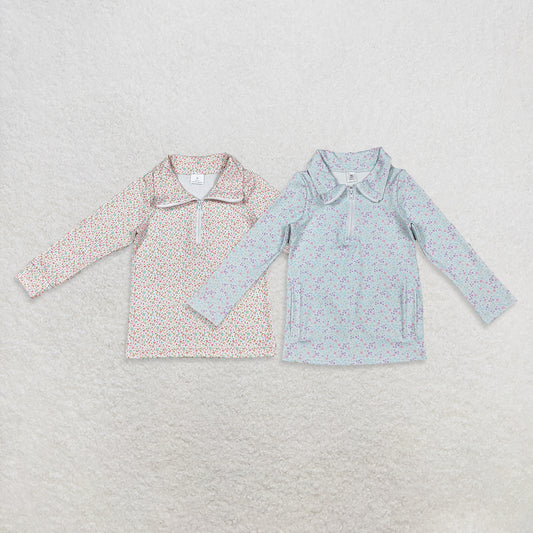 RTS NO MOQ Sibling Baby Girls clothes floral Zipper Stand Collar Pullover Long Sleeve Top