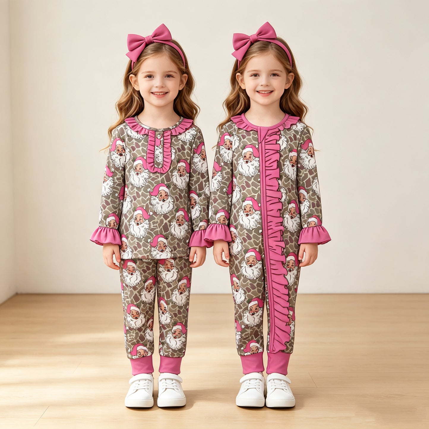 (Preorder new) No moq Baby Girls Khaki Camo Santa Button Top Pant Christmas Pajamas Set Fall Winter Sleepwear Outfit Rompers