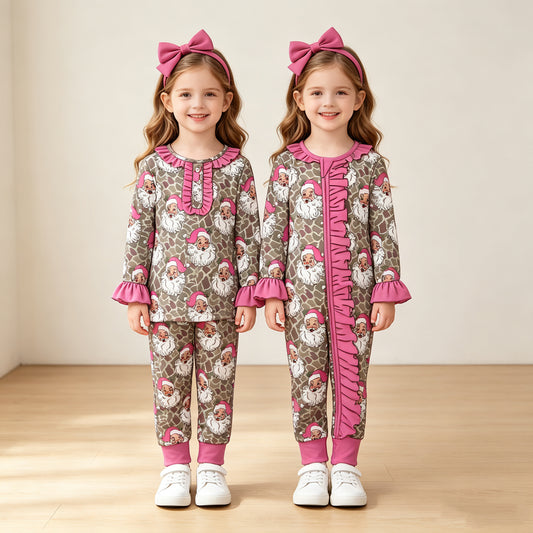 (Preorder new) No moq Baby Girls Khaki Camo Santa Button Top Pant Christmas Pajamas Set Fall Winter Sleepwear Outfit Rompers